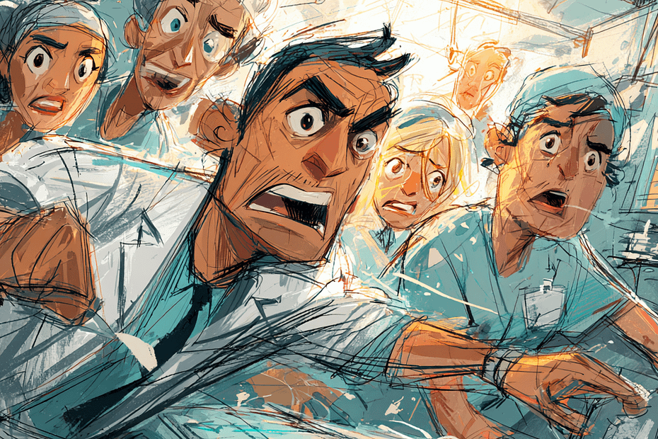 A comically chaotic delivery room scene, anesthesiologist frantically searching for epidural space, exaggerated facial expressions, bright hospital lights, expressive lines, editorial illustration, dynamic composition