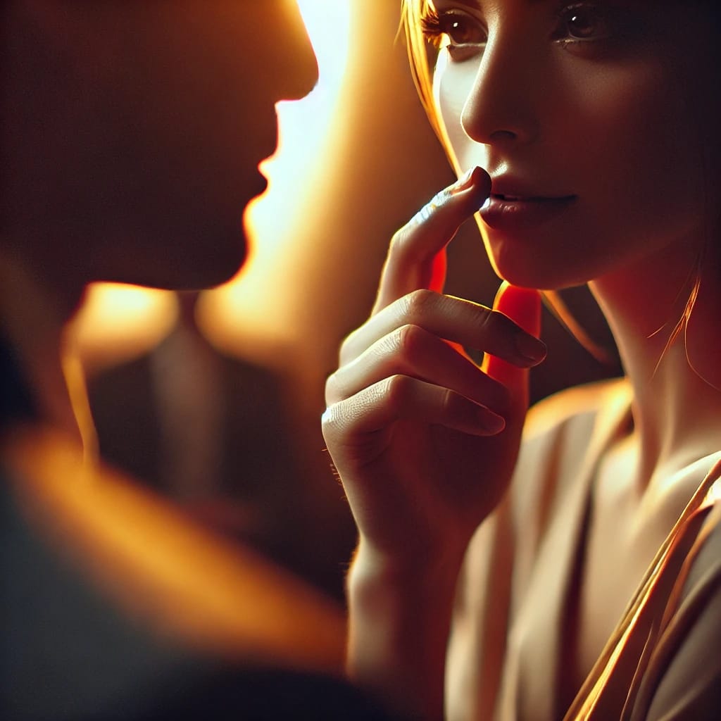 A close-up of two people locked in deep eye contact, their body language mirroring each other. The warm lighting enhances their emotional connection, capturing the unspoken power of attraction.