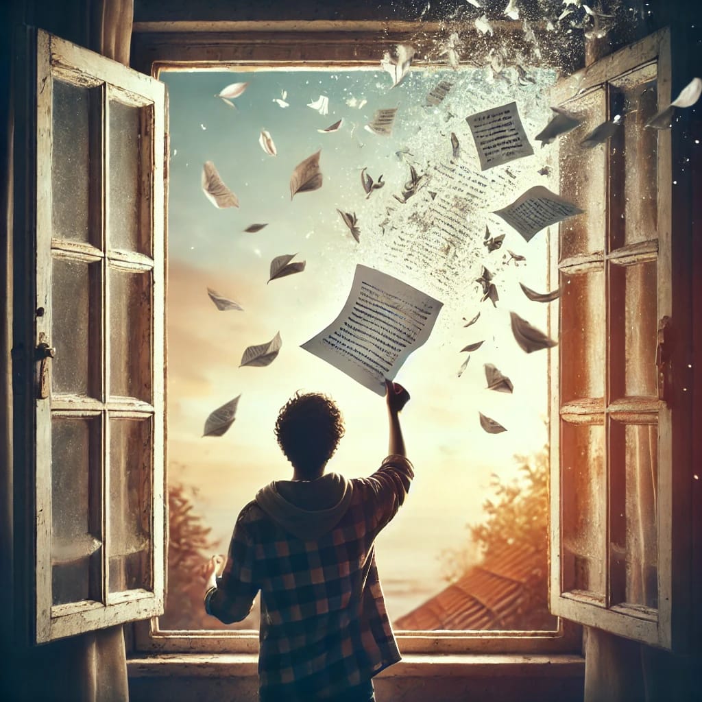 a person standing in front of a window with flying papers symbolizing letting go of what is unnecessary 