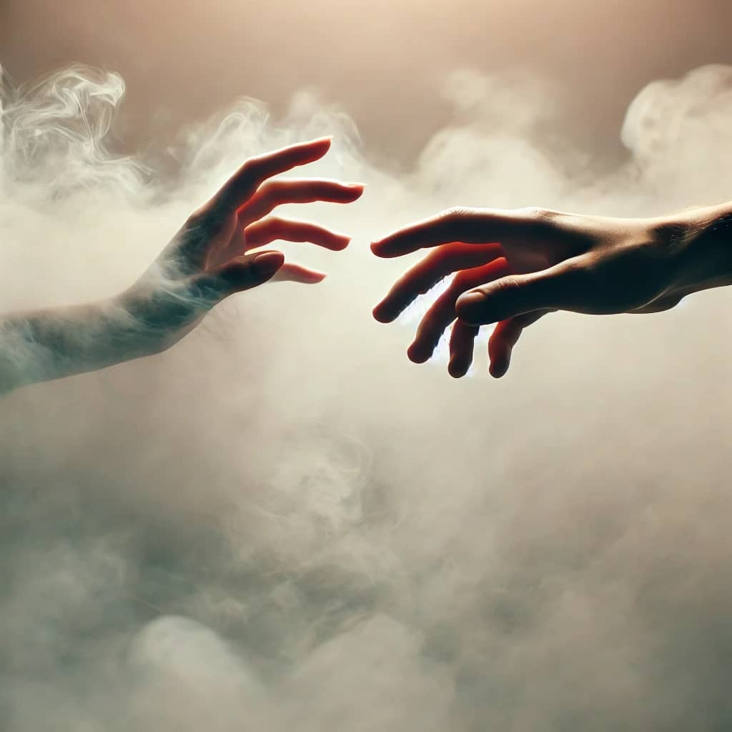 Hands reaching to one another as a symbol of letting go of what is unnecessary 