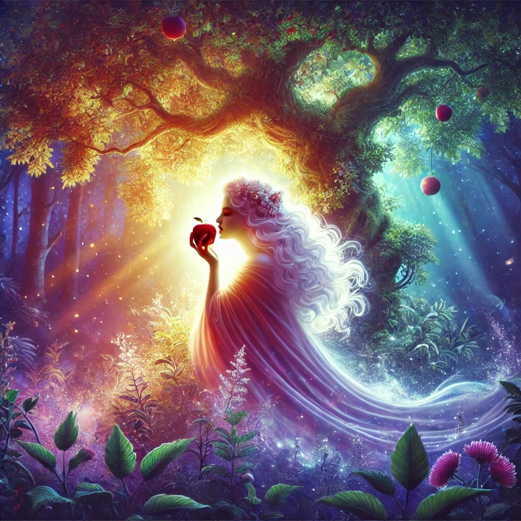 A mystical and symbolic digital illustration of Eve in the Garden of Eden, holding a glowing apple beneath a celestial tree, bathed in soft purple and golden light—representing the awakening of dark feminine energy.
